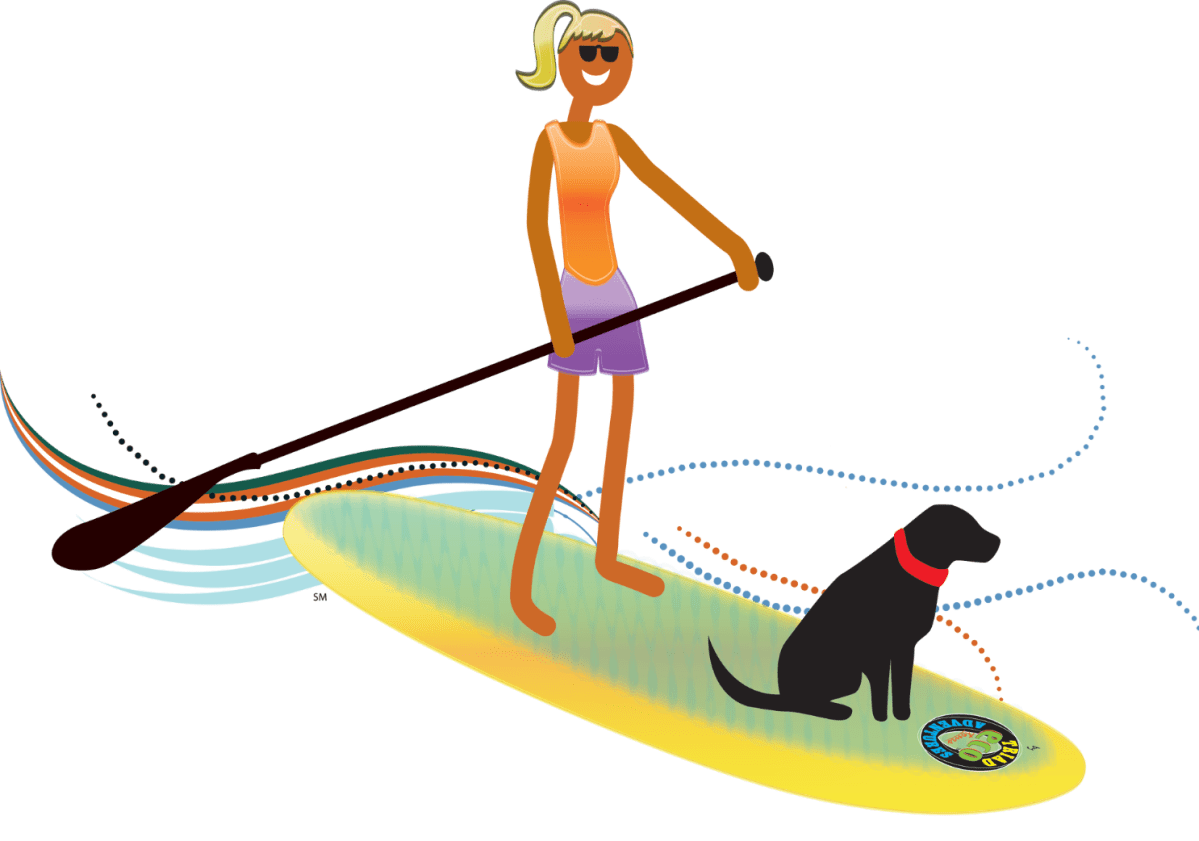 Cartoon of lady on paddleboard with a black lab on the nose of the board