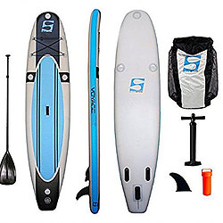 Voyager Air 1100 11'30''6'' paddleboard front, side, back. Gray paddleboard with blue stripes